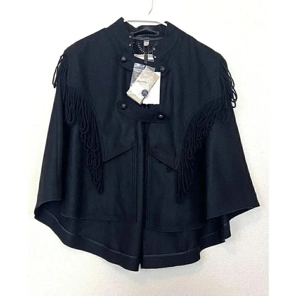 Burberry Jackets & Blazers - Burberry Raynefield Military Black Cape Womens Size S/M Wool Blend Fringe